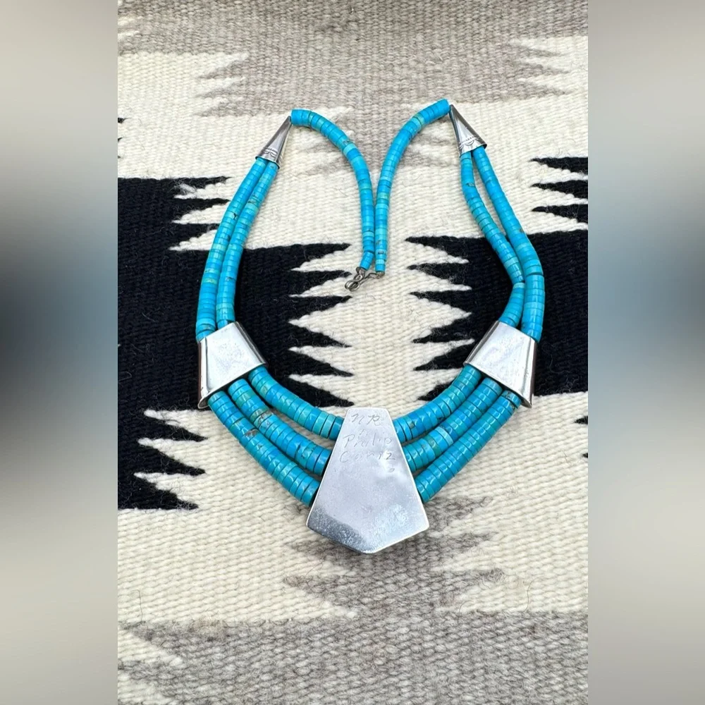 Santo Domingo Native American Sterling Silver Turquoise Cross Pendant Necklace - Picture 6 of 7